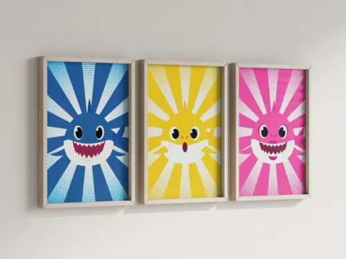 Kit 3 Quadros Decorativos Moldura Baby Shark Colorido