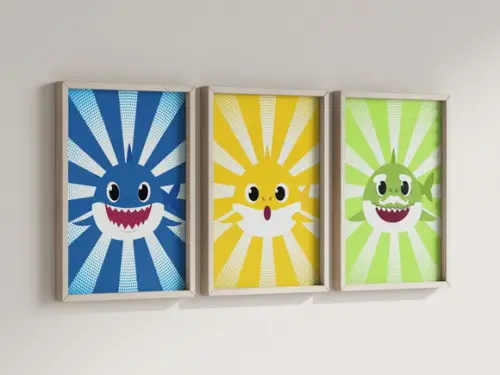 Kit 3 Quadros Decorativos Moldura Baby Shark Colorido B