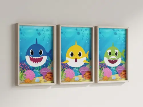 Kit 3 Quadros Decorativos Moldura Baby Shark Azul Amare Verd