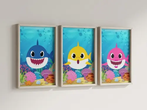 Kit 3 Quadros Decorativos Moldura Baby Shark Azul Amare Rosa