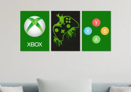 Kit 3 Placas Decorativas Quadro Xbox Logo Controle Botão