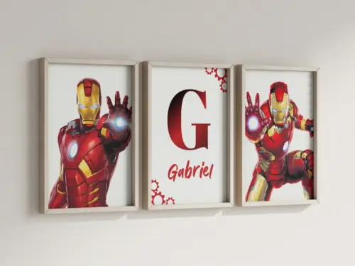 Kit 3 Quadros Decorativos Moldura Homem de Ferro Personaliza
