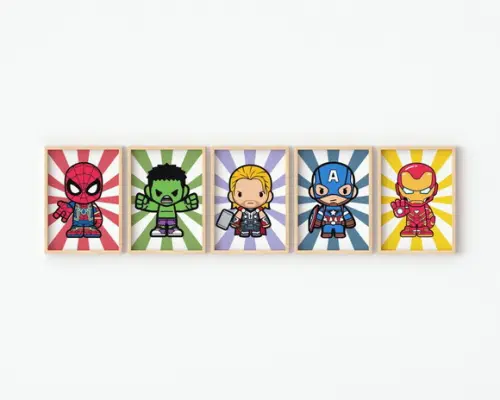 Kit 5 Quadros Decorativos Moldura Vingadores Superheróis Bab