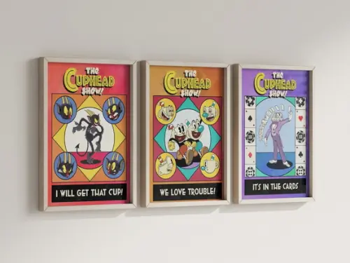 Kit 3 Quadros Decorativos Moldura Cuphead Decoração
