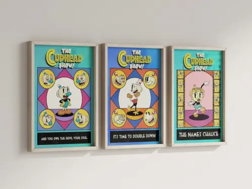 Kit 3 Quadros Decorativos Moldura Cuphead Decoração Gamer