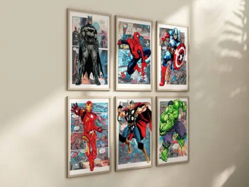 Kit 6 Quadros Decorativos Moldura Super-heróis Quadrinhos A4