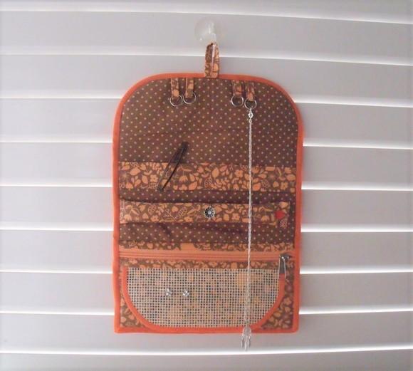 Porta Joias de Pendurar Organizador Bolsa Marrom e Laranja