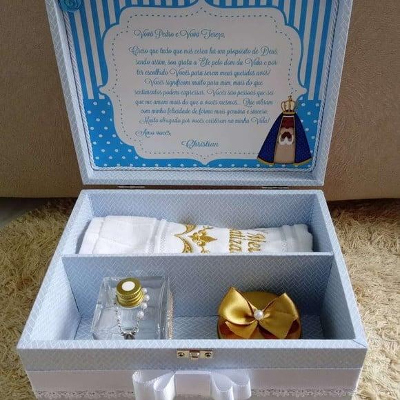 Caixa convite padrinho batismo azul/branco