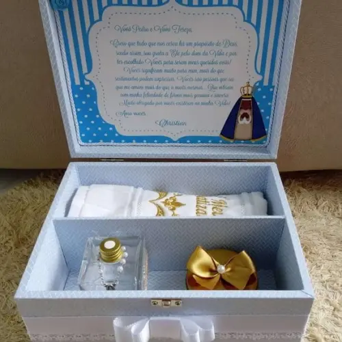 Caixa convite padrinho batismo azul/branco