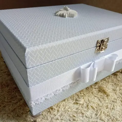 Caixa convite padrinho batismo azul/branco