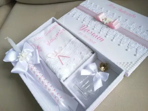 Kit meu batizado caixa personalizada vela toalha e vidro N Senhora