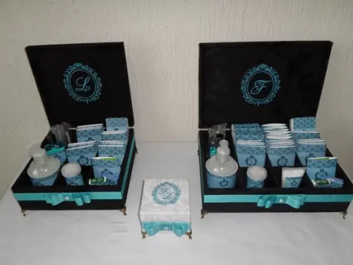 Kit toalete personalizado completo caixas e produtos preto/azul tiffany