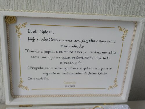Caixa personalizada padrinhos de batismo bege/dourado