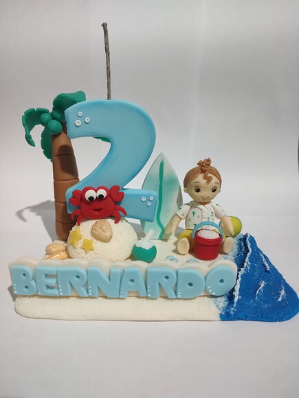 Topo de Bolo com Vela Tema Praia / Pool Party