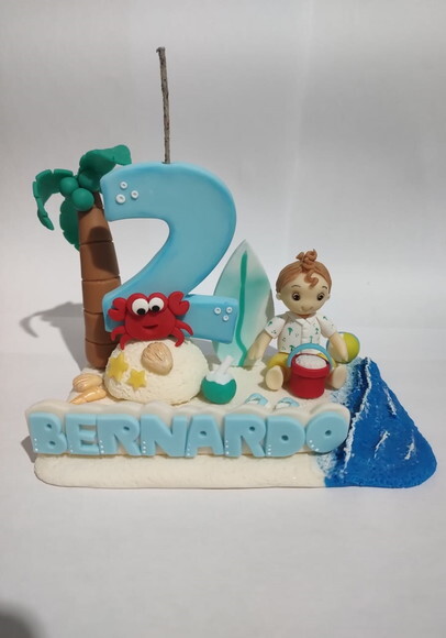 Topo de Bolo com Vela Tema Praia / Pool Party
