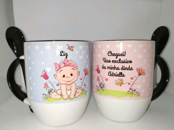 Caneca batismo padrinho ou madrinha lembrança caneca colher