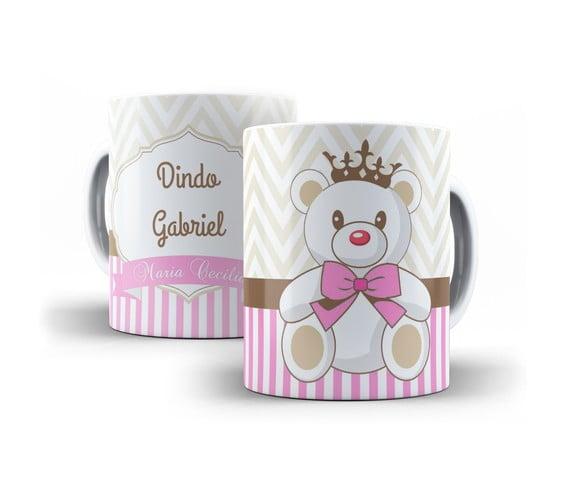 Caneca Convite Batizado chevron Ursinha Menina rosa