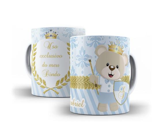 Caneca Convite Batizado arabesco Ursinho príncipe azul claro