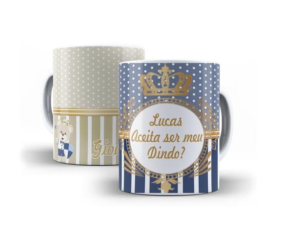 Caneca Convite Batizado Ursinho príncipe poá azul marinho