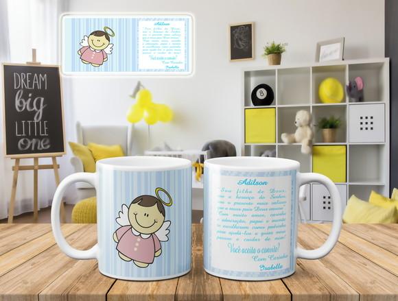 Caneca Convite de Batizado Personalizado Padrinhos Kit