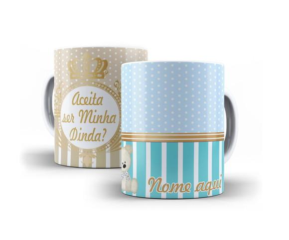 Caneca Dindo ou Dinda Convite Padrinhos Batizado Ursinho Poá
