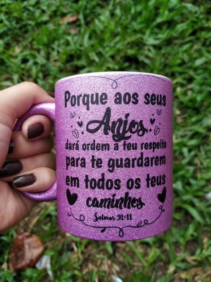 Caneca Glitter lembrança caneca salmo 91 caneca Glitter roxa