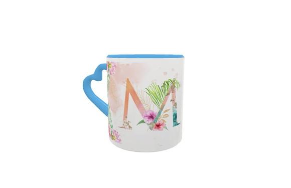 Caneca Personalizada Nome Inicial Floral Alça Coração