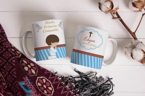 Caneca Primeira Comunhão Eucaristia Crisma Menino com Nome