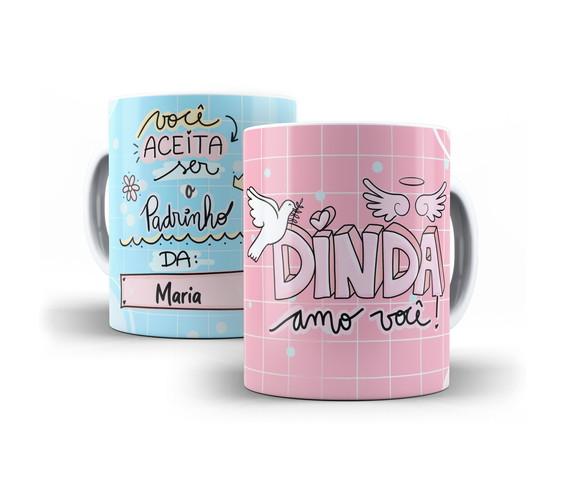 Canecas Convite de Batizado Par Canecas Dindo e Dinda