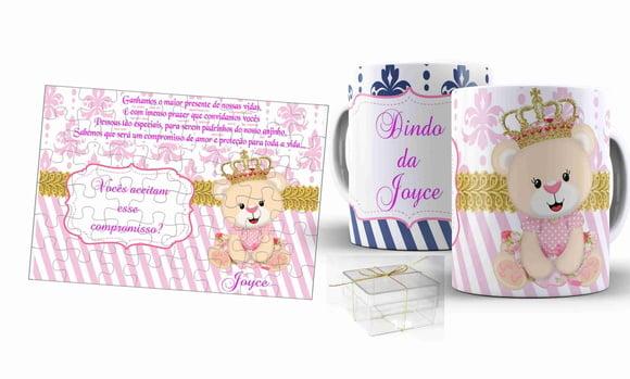 Convite Batismo Padrinhos Dindos Ursinha real qcab+can