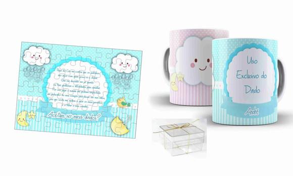 Convite padrinhos batismo chuva de bençãos qbcbç+2caneca boy