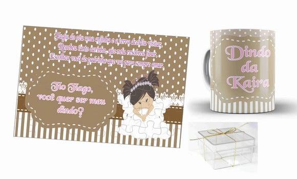 Kit Convite Batizado Quebra Cabeça com Caneca Anjinha Poá