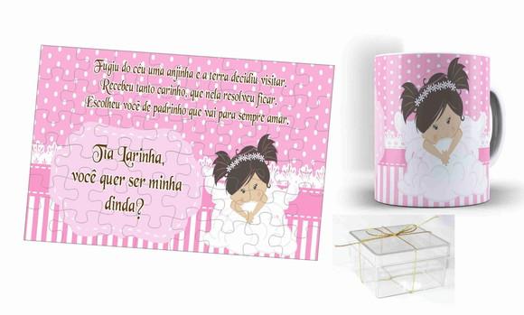 Kit Convite Batizado Quebra Cabeça com Caneca Anjinha Poá