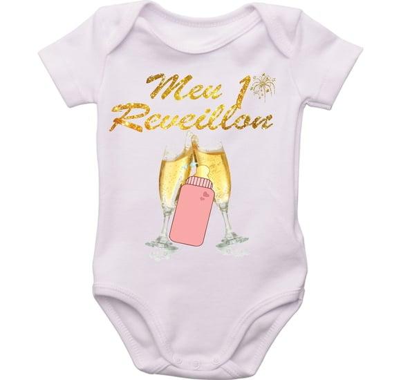 roupa bebê meu primeiro Reveillon Body personalizado