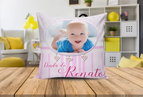 Almofada Convite Batizado com foto do bebê batismo padrinhos