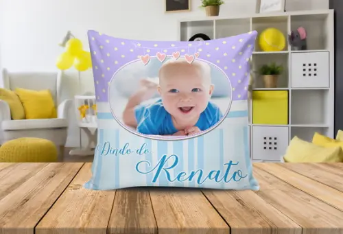 Almofada Convite Batizado com foto do bebê batismo padrinhos