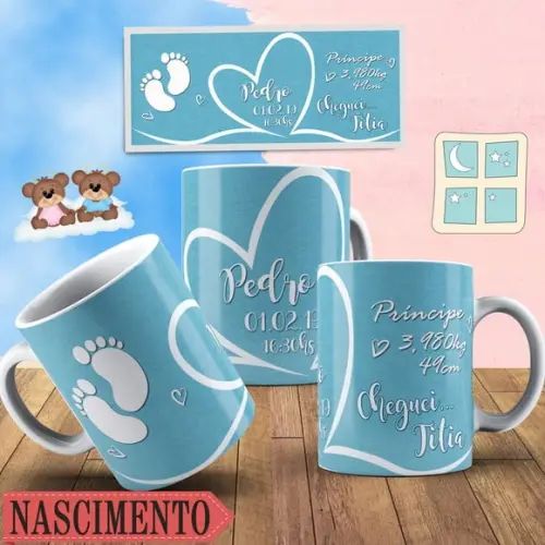 Caneca bebê chegou padrinhos titio lembrança nascimento boy