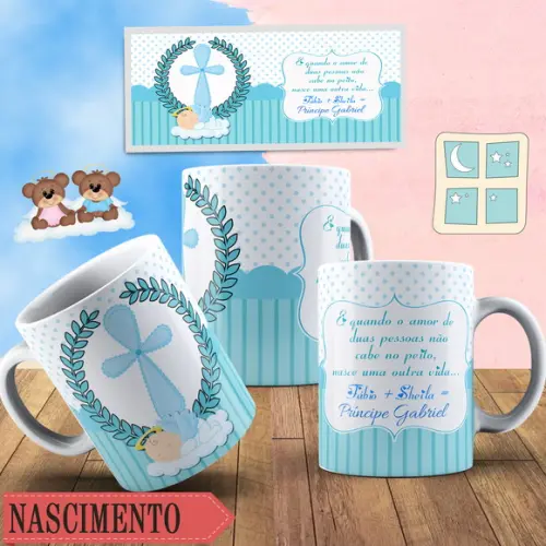 Caneca bebê chegou Batizado padrinhos lembrança nascimento