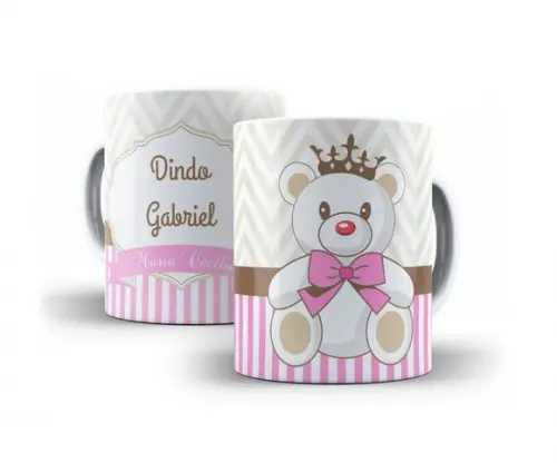 Caneca Convite Batizado chevron Ursinha Menina rosa