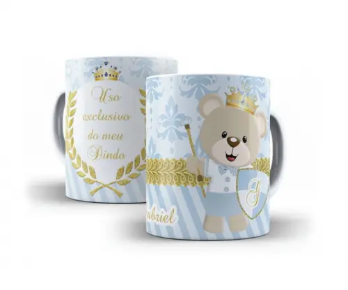 Caneca Convite Batizado arabesco Ursinho príncipe azul claro