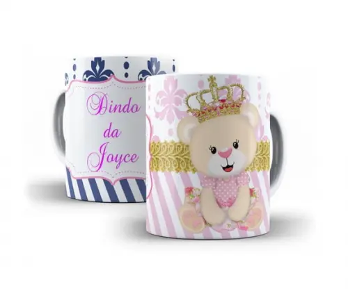 Caneca Convite Batizado Ursinha princesa arabesco