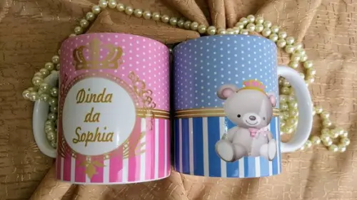 Caneca Convite Batizado Ursinha princesa poá