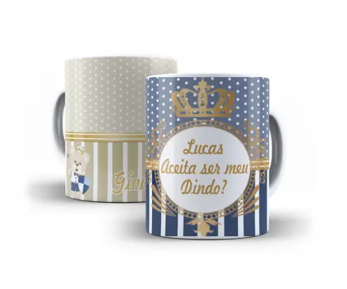 Caneca Convite Batizado Ursinho príncipe poá azul marinho