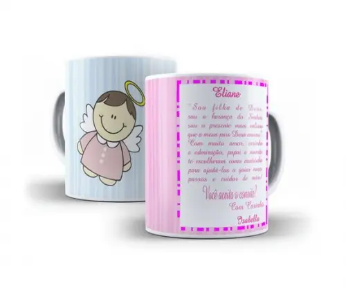 Caneca Convite de Batizado Personalizado Padrinhos Kit