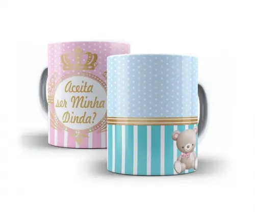 Caneca Dindo ou Dinda Convite Padrinhos Batizado Ursinho Poá