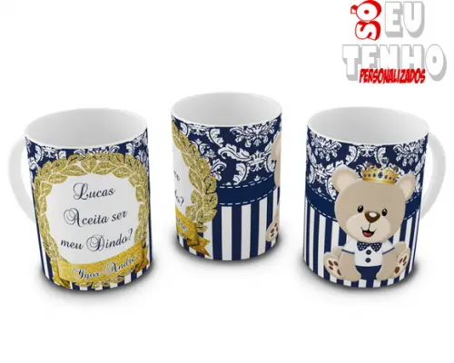 Caneca Dindo ou Dinda padrinhos Batizado urso príncipe fofo