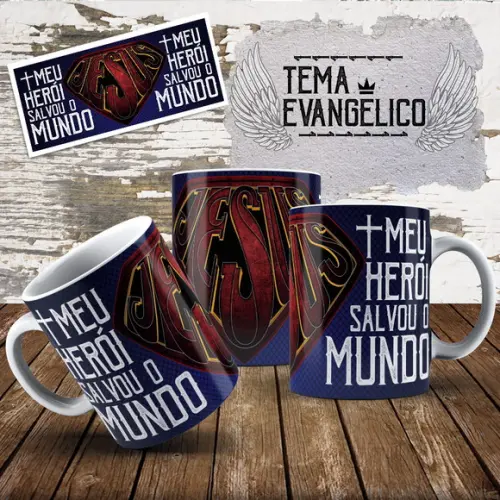 Caneca meu herói salvou o mundo todo cristão evangélico