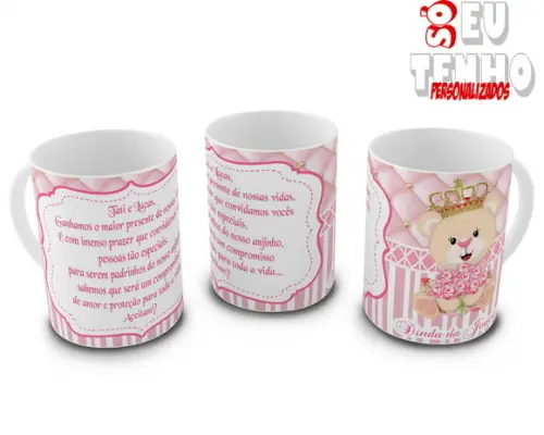 Caneca personalizada convite para padrinhos de batizado ursa