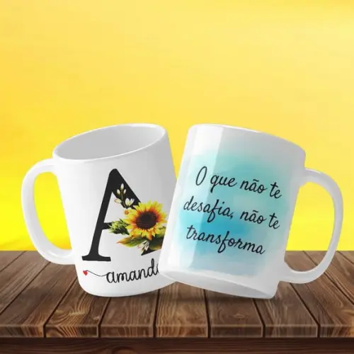 Caneca personalizada nome inicial girassol caneca cerâmica