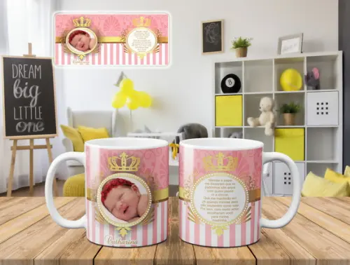 Caneca Personalizada Padrinhos Batismo Bebê Foto Arabesco